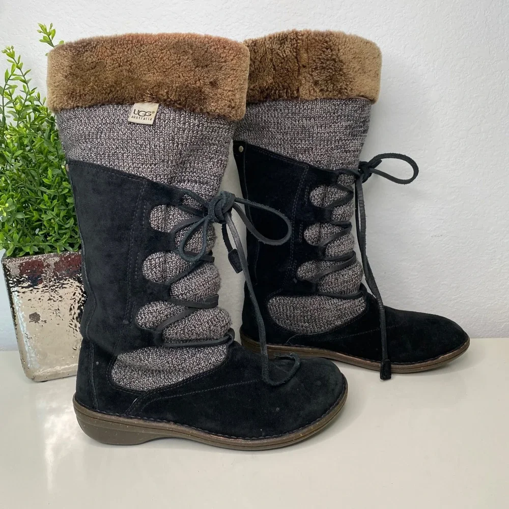 UGG Australia Torrey Tall Winter Boots Black Suede Knit Lace Up Shearling Size 9